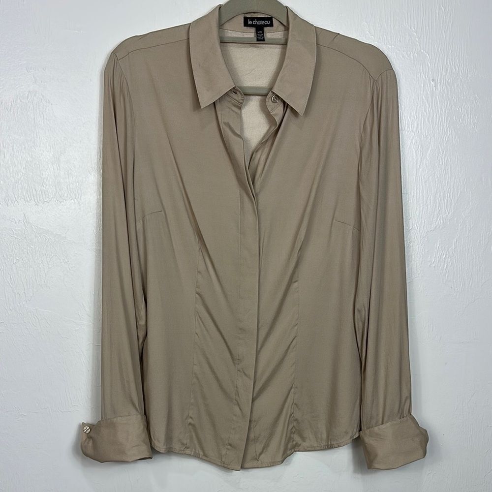 Le Chateau Beige Silk BlendโLong Sleeve Button Down Shirt Blouse Size L